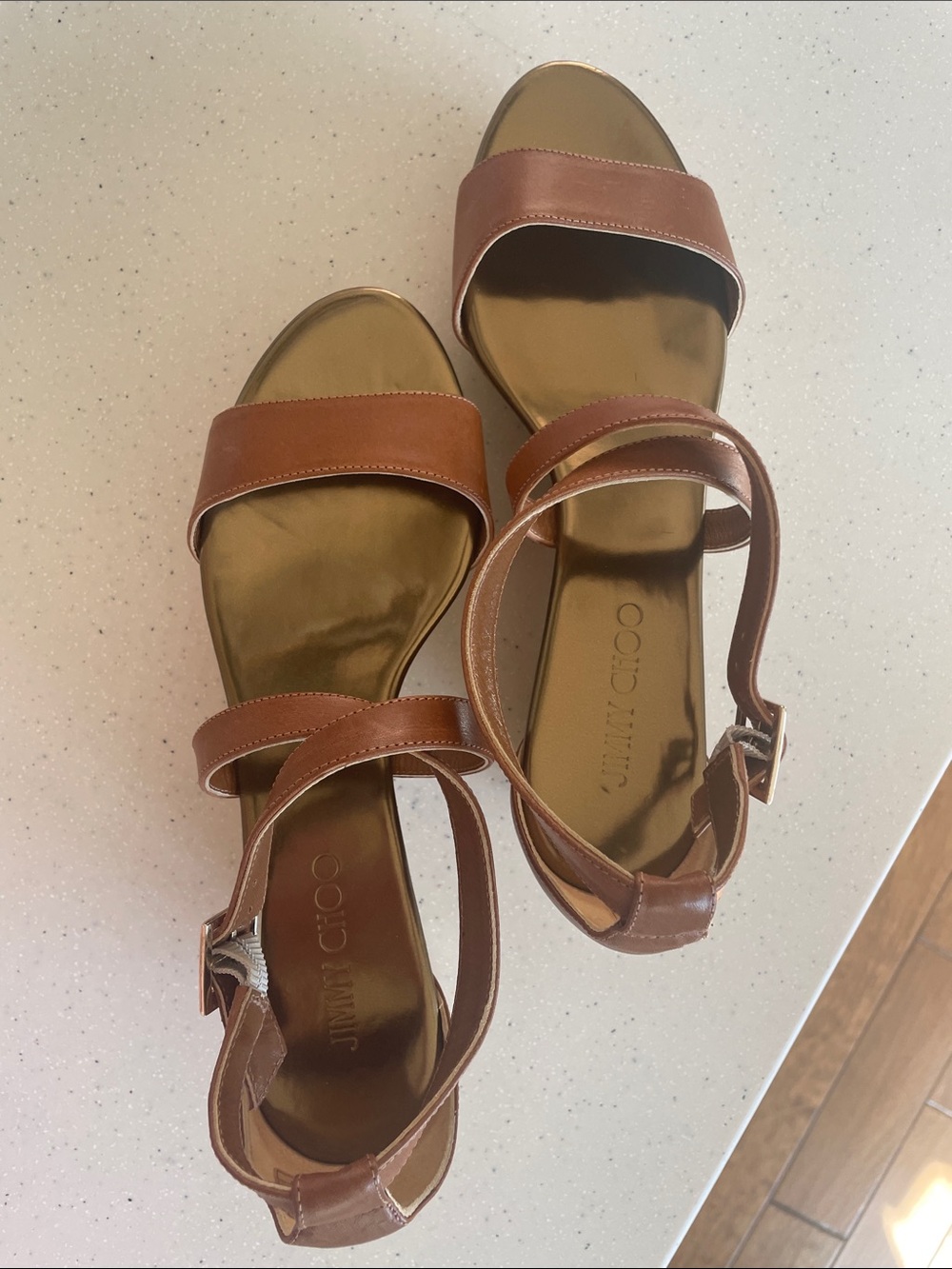 NEW in box: Jimmy Choo Tan Portia 70 Vac Canyon Wedge. Vachetta Leather